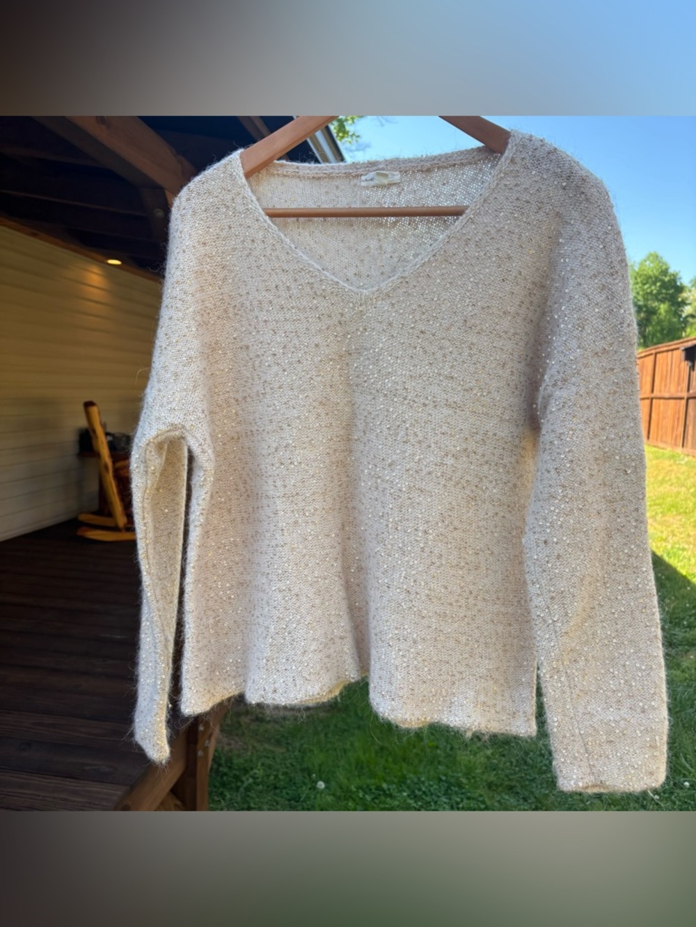 Garnett Hill Women’s Alpaca Wool Sweater, Cream / Tan & Gold Sequins, Size XL